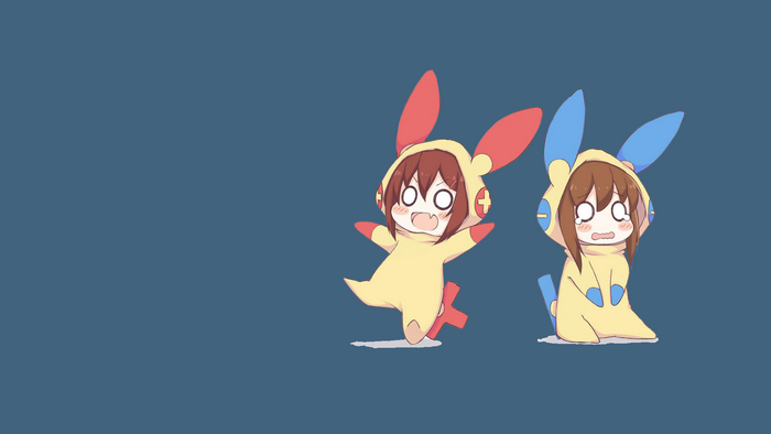 Two anime girls in Pikachu-like costumes