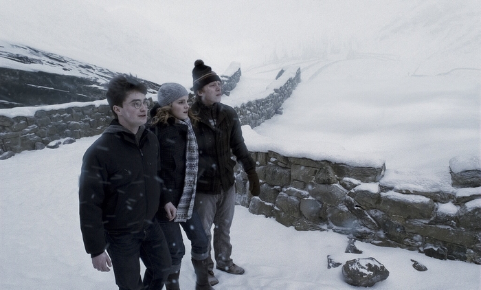 Harry Potter, Hermione Granger, and Ron Weasley in the snow