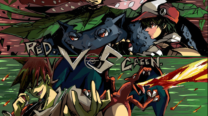 Red vs. Green Pokémon battle with Charizard and Venusaur