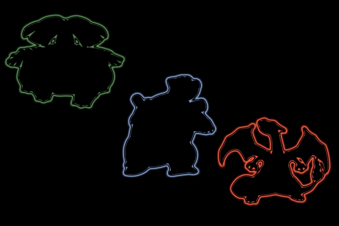 Venusaur, Blastoise, and Charizard silhouettes