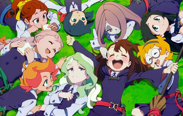 Little Witch Academia characters lying on grass