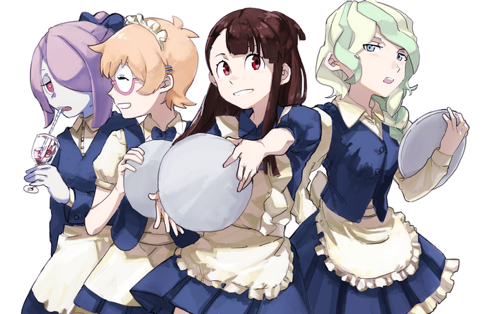 Four girls in maid outfits from Little Witch Academia