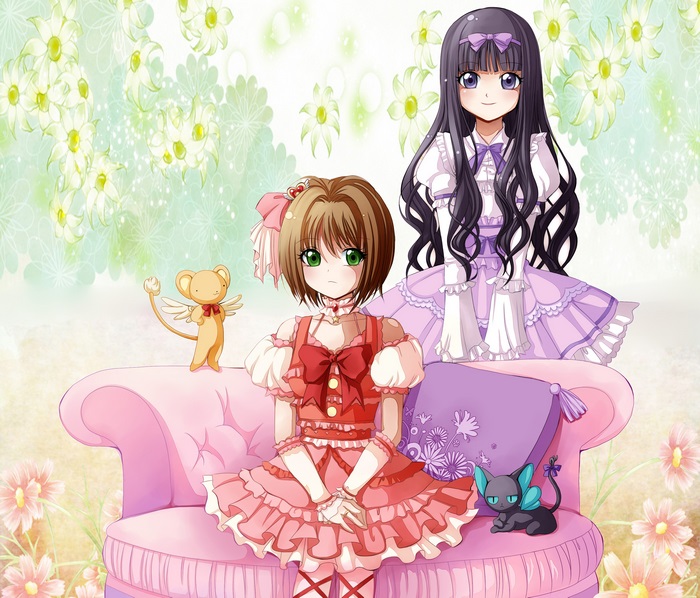 Sakura Kinomoto and Tomoyo Daidouji with Kero and Luna