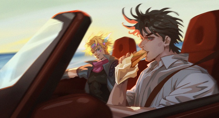 Joseph Joestar and Caesar Zeppeli in a car