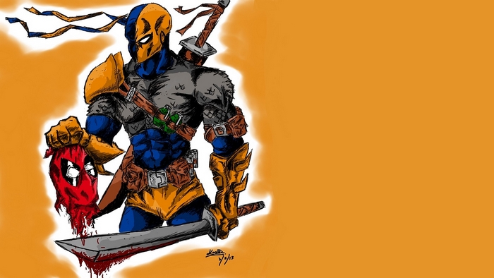 Deathstroke holding Deadpool's head