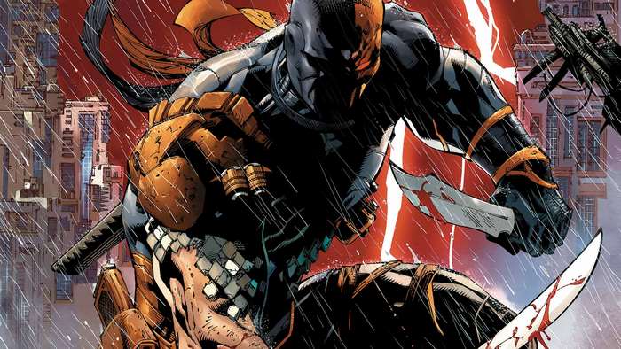Deathstroke from DC Comics in a city