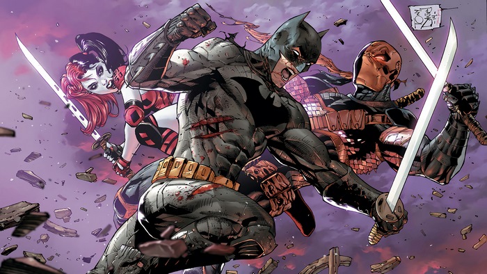 Batman, Harley Quinn, and Deathstroke fighting with swords