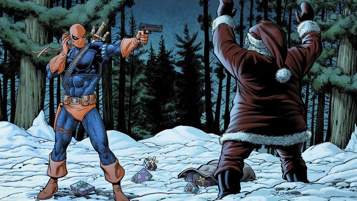Deathstroke confronts Santa Claus in a snowy forest