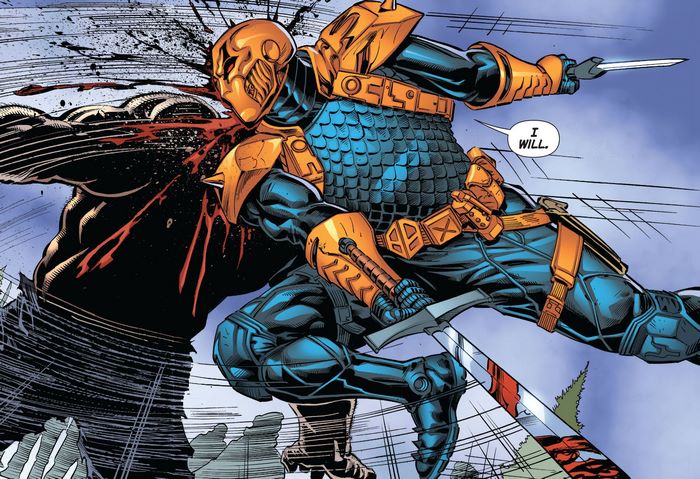 Deathstroke fighting and stabbing an opponent