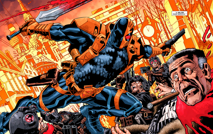 Deathstroke fighting in a city