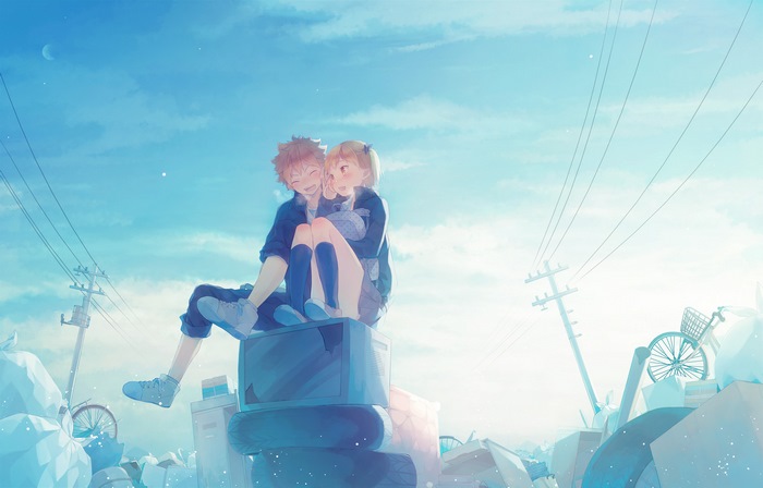 Shōyō Hinata and Natsu sitting on trash