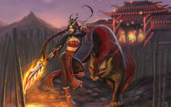 Nidalee from League of Legends with a large cat