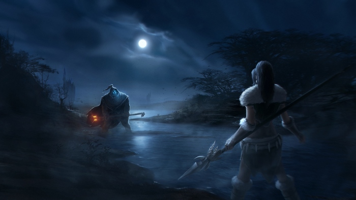Nidalee from League of Legends in a dark forest