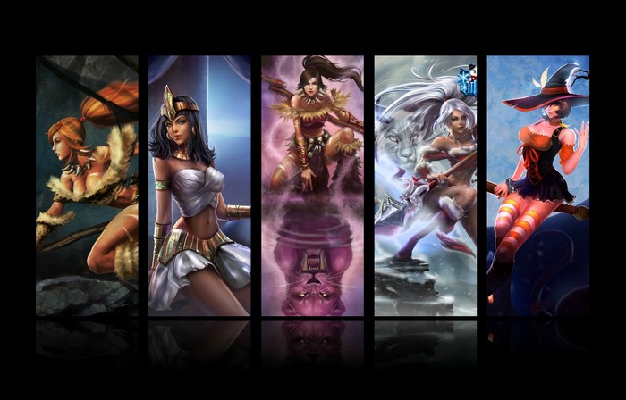 League of Legends characters: Nidalee, Neeko, Rengar, and Ahri