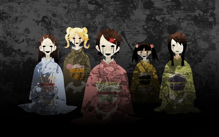 Five girls in kimonos with black tears