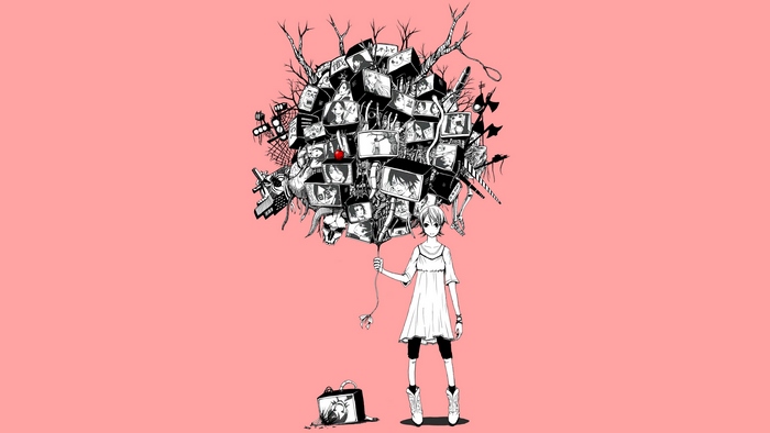 Girl holding a balloon of screens and objects