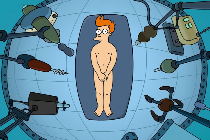Fry from Futurama in a medical examination chamber