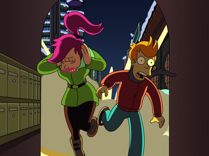 Leela and Fry from Futurama running