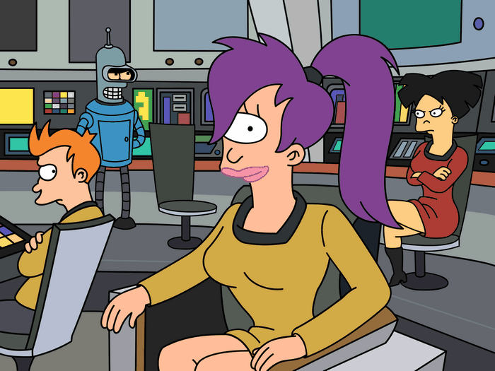 Fry and Leela from Futurama in Star Trek uniforms