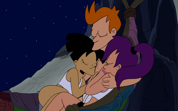 Fry and two women hugging in a hammock