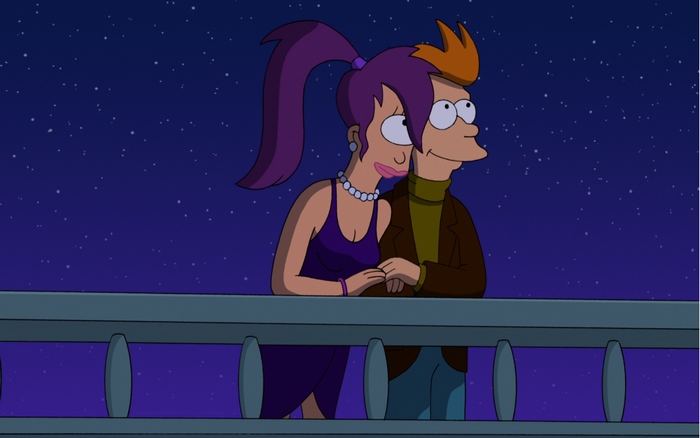 Leela and Fry from Futurama on a balcony