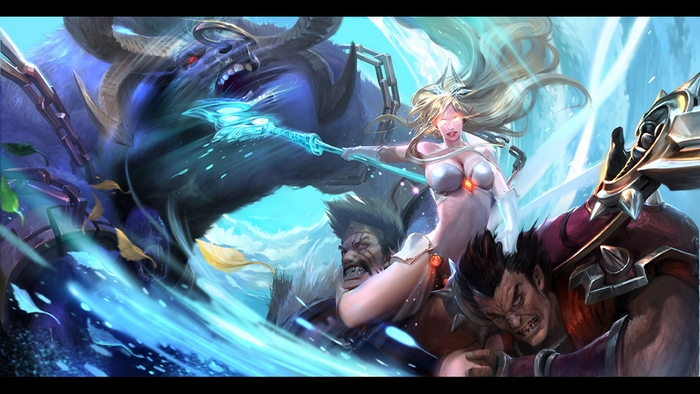 Janna from League of Legends fighting a beast