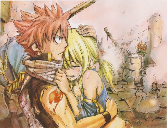 Natsu and Lucy from Fairy Tail in ruins