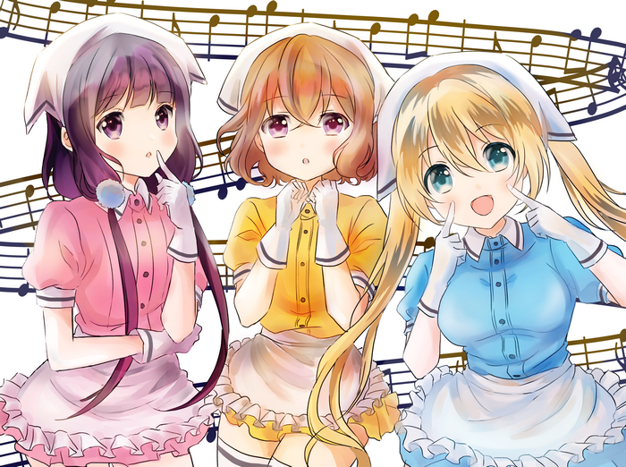 Three maids in front of musical notes