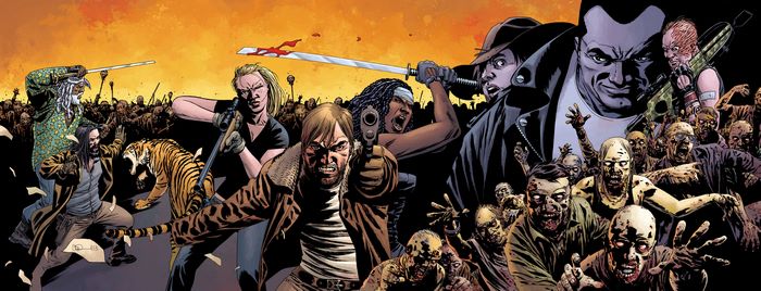 The Walking Dead characters fighting zombies and tigers