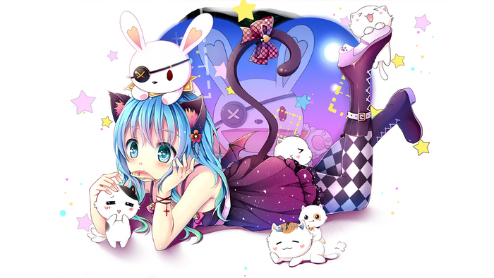 Anime girl with blue hair and cat ears with bunnies and cats