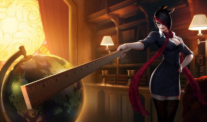 Fiora from League of Legends with a ruler and globe