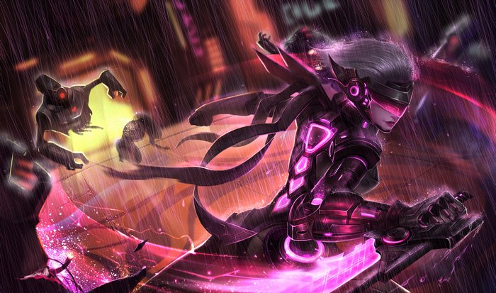 Fiora from League of Legends in a rainy city