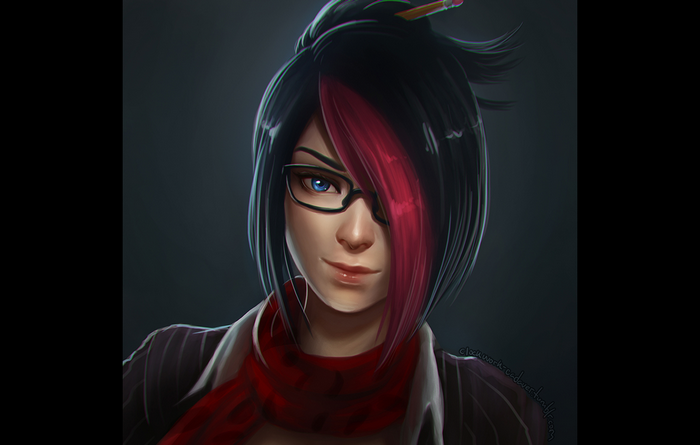 Fiora from League of Legends with glasses and scarf
