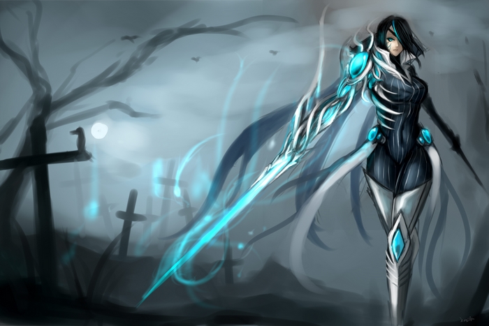 Fiora from League of Legends in a graveyard