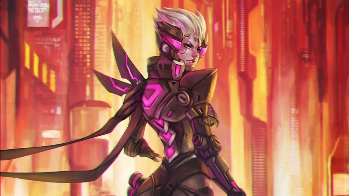 Fiora from League of Legends in a futuristic city
