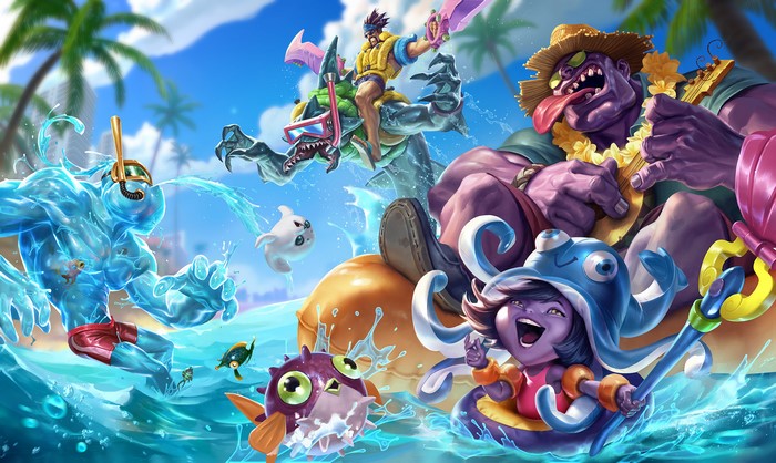 Pool Party League of Legends characters on a beach