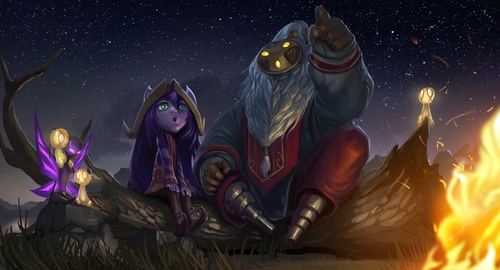 Lulu and Bard from League of Legends by a campfire