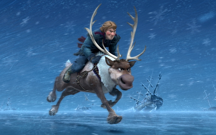 Kristoff riding Sven through a snowstorm