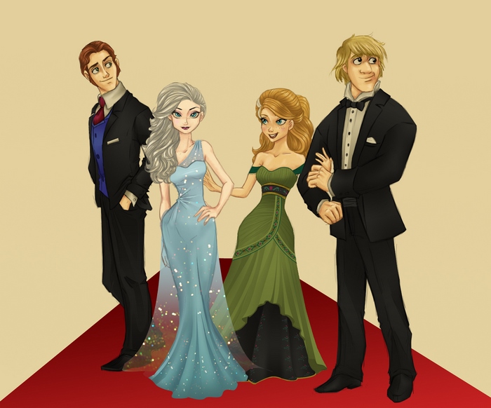 Characters from Frozen on a red carpet