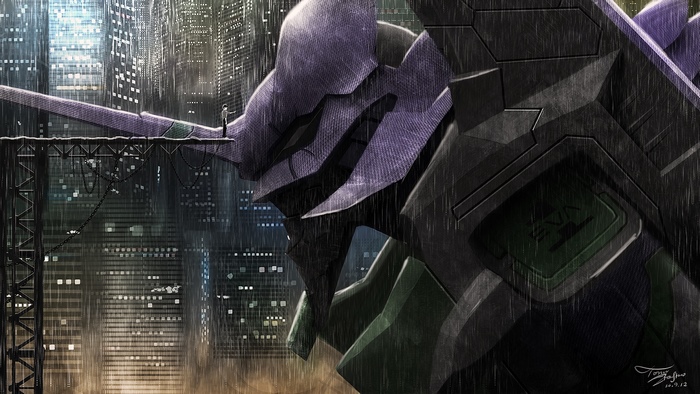 Shinji Ikari and Eva Unit-01 in a rainy city