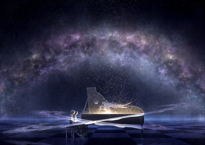 Shinji Ikari playing piano under the stars