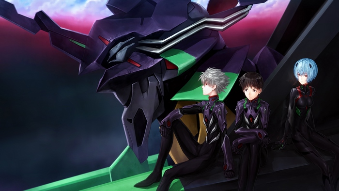 Evangelion Unit-01 with Shinji Ikari, Kaworu Nagisa, and Rei Ayanami