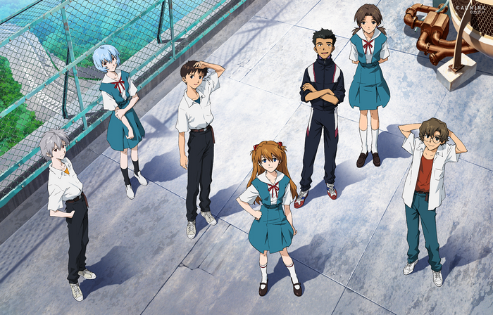Evangelion characters standing on a rooftop