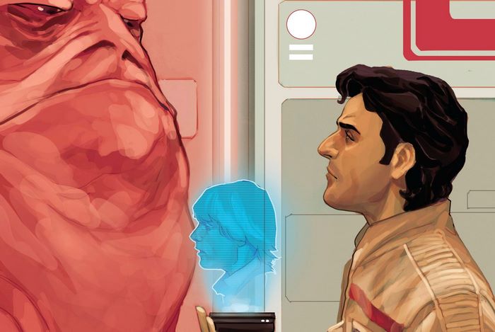 Poe Dameron and a holographic Leia Organa