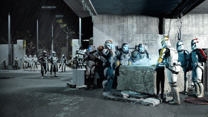 Clone Troopers gathered in the rain