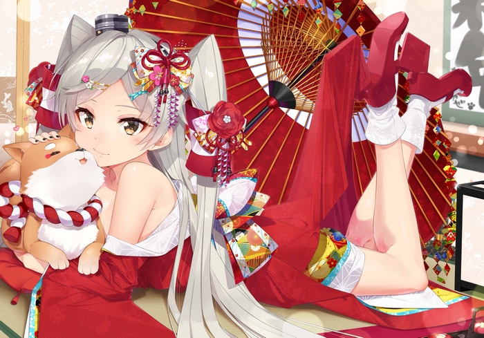 Amatsukaze from Kancolle with a Shiba Inu