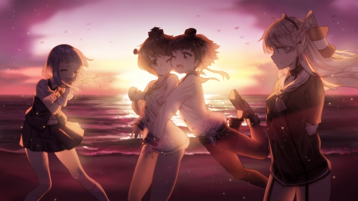 Amatsukaze from Kancolle on a beach at sunset