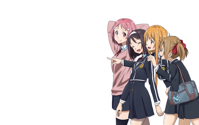 Girls in school uniforms pointing and looking
