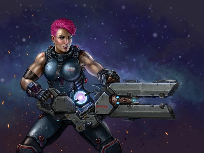 Zarya from Overwatch holding a particle cannon