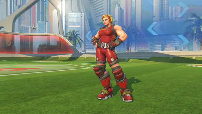 Zarya from Overwatch on a futuristic sports field